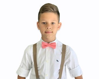 Suspenders Set , infant - Adult Kids Mens Baby TAUPE Brown Khaki Suspenders & CORAL bow tie , Wedding Groom Page Boy Outfit