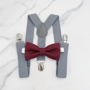 Cabernet Bow tie & Suspenders, Gray Braces, Wine Bow Tie, Pocket Square, Ring Bearer Outfit, Boho Rustic Wedding Outfit