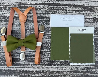 Olive Green Bow Tie & Skinny Vegan leather Rust Brown Suspenders , Kid Baby Boy Ring Bearer set , Groom Best man wedding outfit