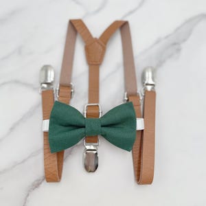 Dark Eucalyptus Bow Tie & Suspenders | Groomsman Suspenders | Skinny Suspenders | Vegan Leather | Ring Bearer outfit | Rustic Wedding