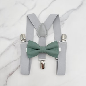 Eucalyptus Bowtie & Suspenders, Light Gray Braces, Pocket Square, Ring Bearer Outfit, Boho Rustic Wedding Outfit, Groomsmen Gift