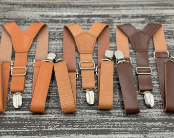 Brown Leather Suspenders , Men's Groomsmen Outfit ,  Boy's Ring Bearer gift , Black Wedding Braces