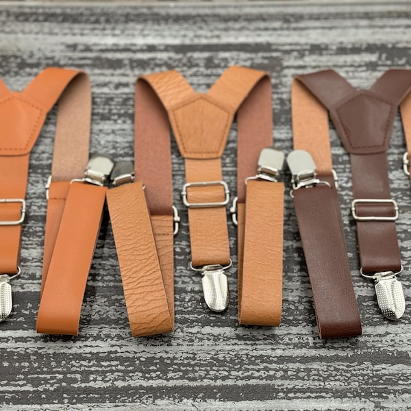 Brown Leather Suspenders , Men's Groomsmen Outfit ,  Boy's Ring Bearer gift , Black Wedding Braces