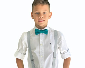 Suspenders Set , Infant - ADULT Kids Children Baby Boys PASTEL Gray Suspenders & Teal bow tie , Wedding Page Boy Ring Bearer Groom outfit
