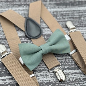 Eucalyptus Green bow tie and Taupe suspenders , Ring Bearer Groom set , Kids Baby boy gift set , Mens pocket square , wedding outfit