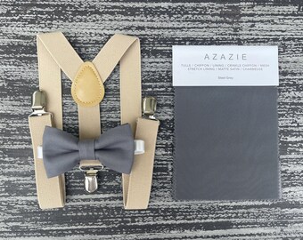 Medium Gray bow tie and Tan Champagne suspenders , Ring Bearer Groom best Man outfit , Kids Baby boy gift set , Mens wedding accessories