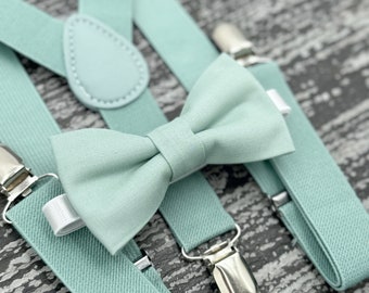 Dusty Sage Agave bow tie & Sage Suspenders , Ring Bearer boy's gift , Groomsmen Wedding outfit , Men's pocket square