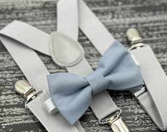 Dusty Blue Bow Tie & Light Gray Suspenders , Ring Bearer boy's gift , Groomsmen Wedding outfit , Men's pocket square