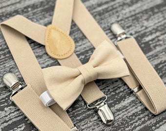 Champagne Tan bow tie & Suspenders , Ring Bearer boy's gift , Groomsmen Wedding outfit , Men's  pocket square , Cake Smash outfit