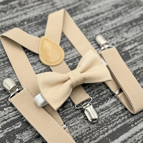 Champagne Tan bow tie & Suspenders , Ring Bearer boy's gift , Groomsmen Wedding outfit , Men's  pocket square , Cake Smash outfit