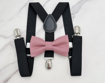 Dusty Rose Bow tie & Suspenders | Black Braces | Pocket Square | Ring Bearer Outfit | Boho Wedding | Rustic Wedding Outfit | Groomsman Gift