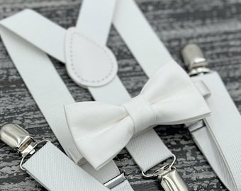 White bow tie & White Suspenders , Baptism set , Christening  Ring Bearer boy's gift , Groomsmen Wedding outfit , Mens pocket square