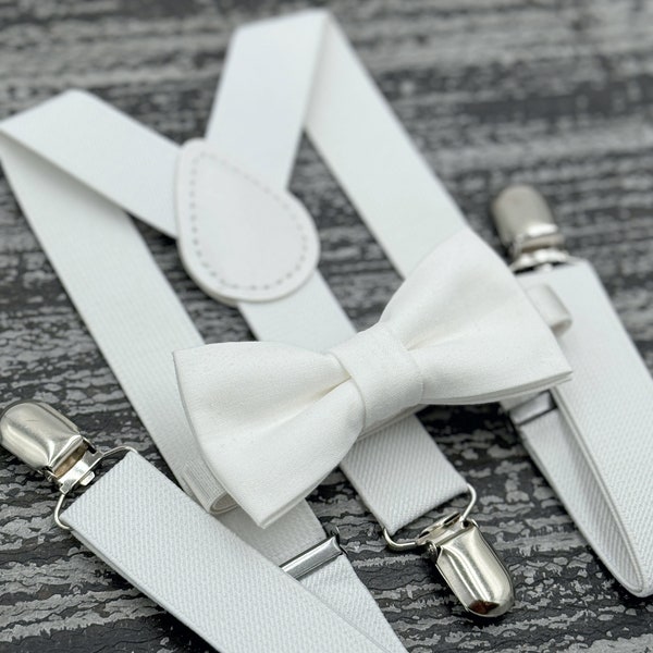 White bow tie & White Suspenders , Baptism set , Christening  Ring Bearer boy's gift , Groomsmen Wedding outfit , Mens pocket square
