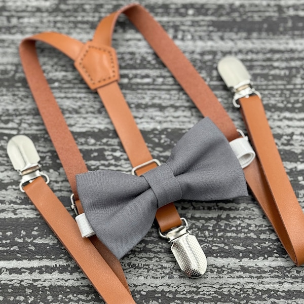 Gray Bow tie & Skinny Leather suspenders , Rust Brown Braces , Ring Bearer boy's gift , Men's pocket square , Groomsmen Wedding outfit