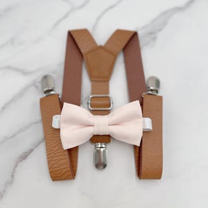 Blushing Bow Tie & Suspenders, Vegan Leather Suspenders, Petal Pink Bowtie, Groomsman Outfit, Pocket Square, Ring Bearer outfit
