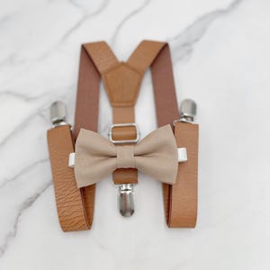 Light Taupe Bow Tie & Suspenders | Vegan Leather Suspenders  | Groomsman Outfit | Pocket Square | Ring Bearer outfit