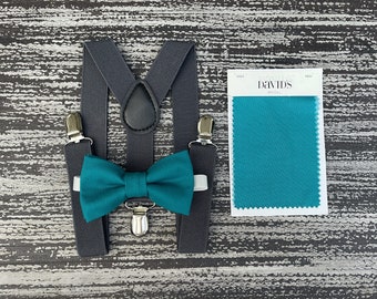 Oasis Blue bow tie and Charcoal Gray suspenders , Ring Bearer Groom best Man outfit , Kids Baby boy gift set , Mens accessories