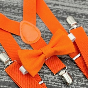 Orange bow tie & Suspenders , Ring Bearer boy's gift , Men's pocket square , Groomsmen wedding accessories image 1