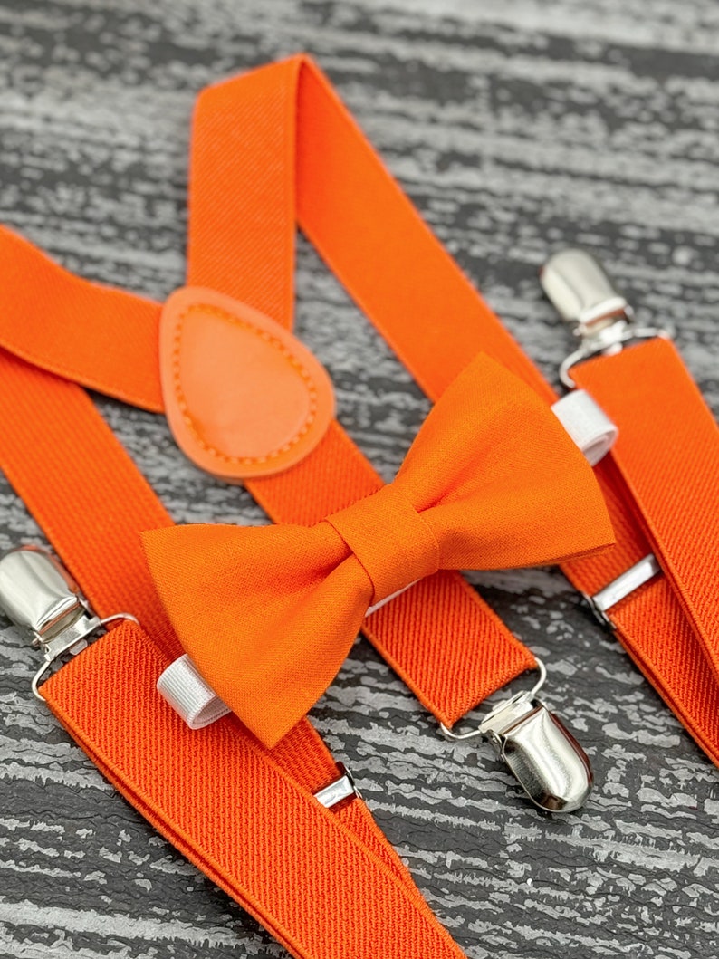 Orange bow tie & Suspenders , Ring Bearer boy's gift , Men's pocket square , Groomsmen wedding accessories image 1