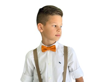 Suspenders SET , Infant - Adult Kids Mens Baby Boys Taupe Brown Khaki Suspenders & Burnt Orange bow tie , Wedding Groom Page Boy Outfit