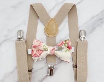 Floral Bow tie & Suspenders, Champagne Braces, Rose Bow Tie, Ring Bearer Outfit, Boho Rustic Wedding Outfit, Groomsman Gift