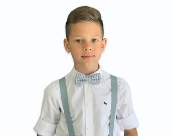 Men's  Kids Dusty Blue Suspenders & Gray Plaid Cotton bow tie / Newborn  - ADULT Baby Boys Groom Ring Bearer Wedding Newborn Outfit