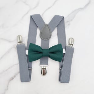 Pine Bow tie & Suspenders, Gray Braces, Emerald Green Bow Tie, Pocket Square, Ring Bearer Outfit, Boho Rustic Wedding Outfit