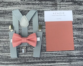 Cedar Rose bow tie and Dusty Gray suspenders , Mens Groom best Man set , Kids Toddler Ring Bearer Baby boy gift , wedding accessories