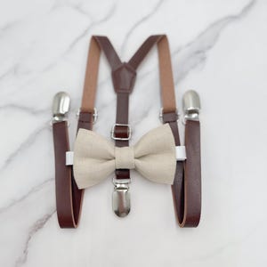 Ivory Linen Bow Tie & Suspenders, Skinny Dark Brown Suspenders, Vegan Leather Braces, Ring Bearer outfit, Rustic Wedding