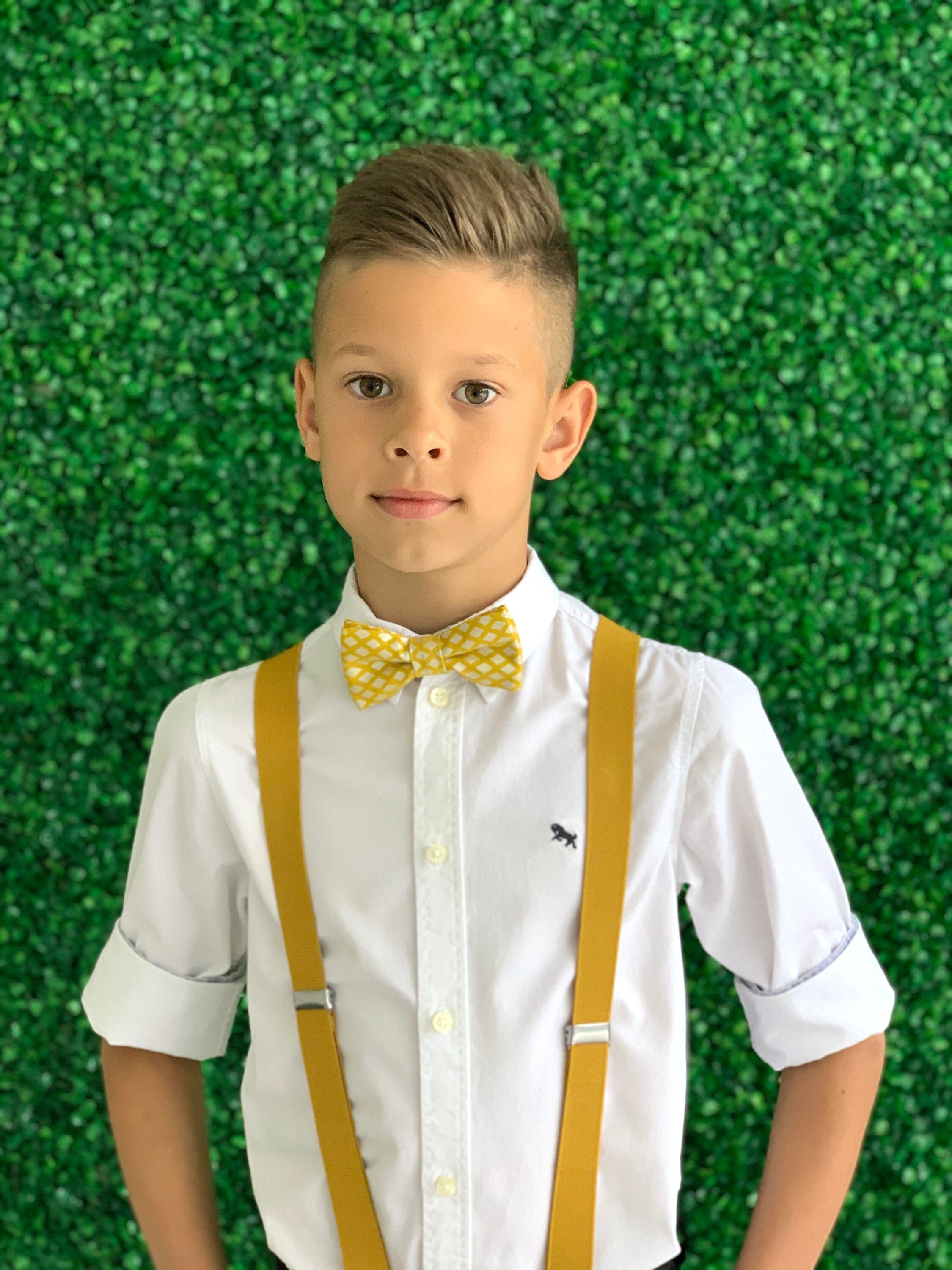 Mustard Rustic Bow Tie & Mustard Yellow Suspenders , Ring