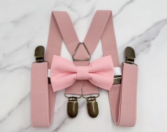 Ballet Bow tie & Suspenders, Dusty Pink X - Back Braces, Rosette Bow Tie, Pocket Square, Ring Bearer Outfit, Boho Rustic Wedding Outfit