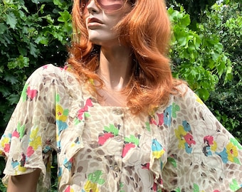 Rare, boutique piece, Vintage Aristos, late 60s, early 70s, rayon chiffon, Angel sleeved, floral , ruffled blouse