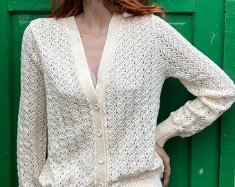 Vintage 70s, cream cardigan, textured Lacy deco inspired knit