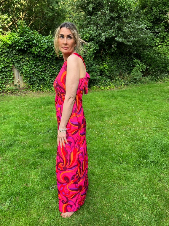 1960s Jean Allen London Psychedelic Floral Print Evening Dress