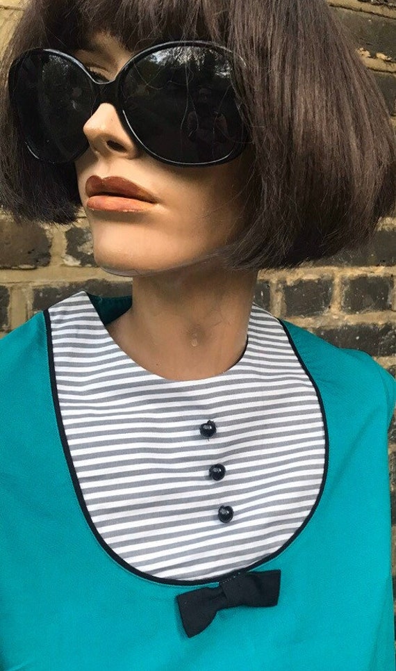 1960s Aqua turquoise green dress striped bib and … - image 1