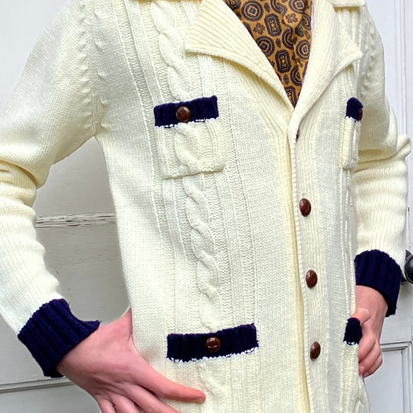 70s cardigan, mens knitwear, 50s style, Starsky and Hutch, cable knit, 1970s .