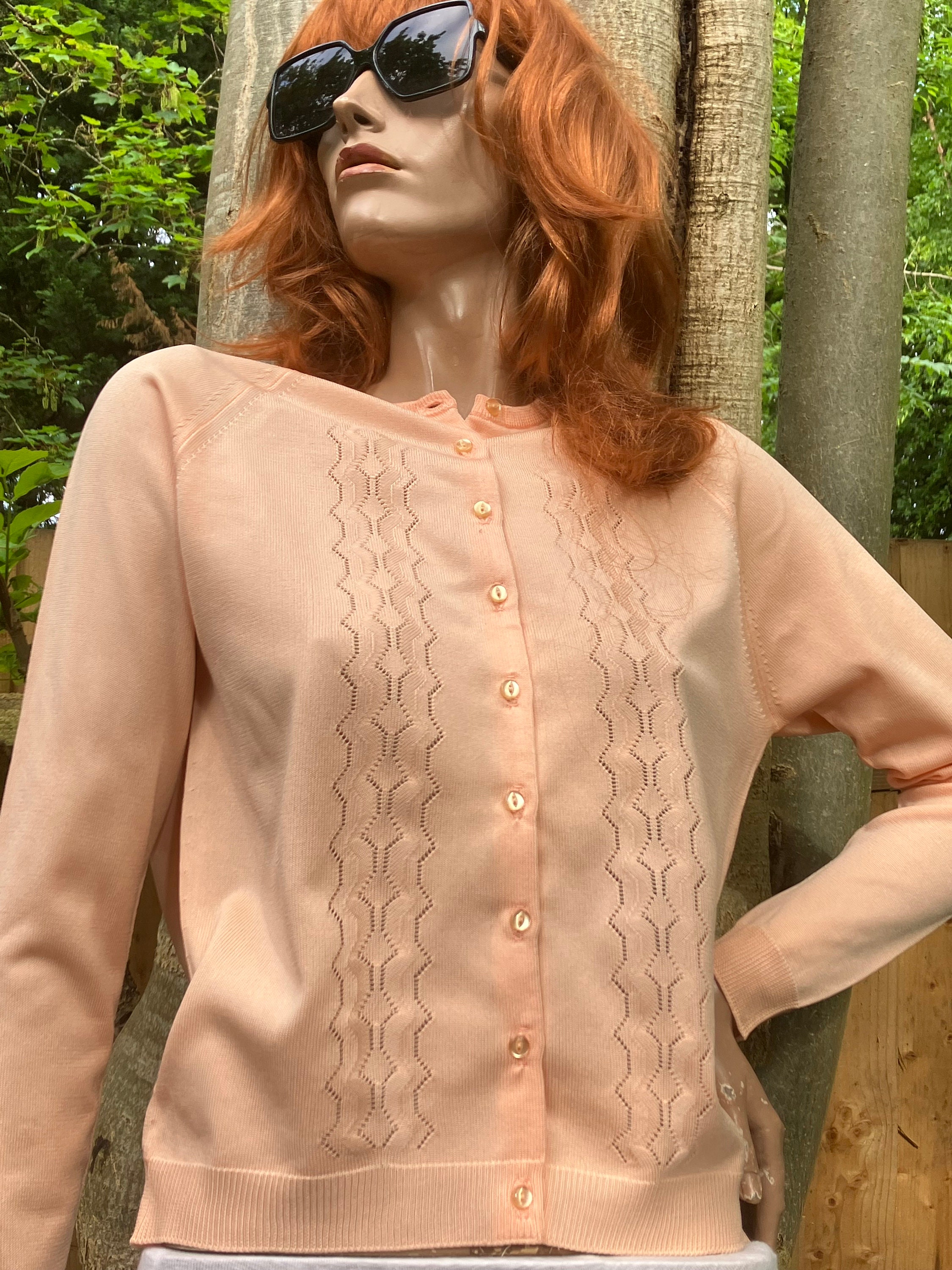 Vintage 60s, Peach Cardigan, Nylon Knitwear, Perforated