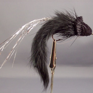 May include: Black fly fishing lure with silver tinsel and a black feather tail.
