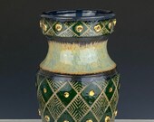 Green ceramic vase, geometric pottery vase, flower vase, amphora vase, sgraffito vase, pottery centerpiece, carved pottery vase, gold vase