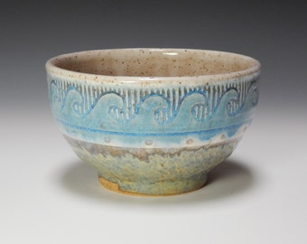 ceramic bowl, nautical pottery, sgraffito pottery, salad bowl, soup bowl, cereal bowl, white, aqua, wheel thrown