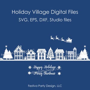 May include: White silhouette of a holiday village with houses, trees, and a sleigh with Santa Claus flying overhead on a blue background. The text "Happy Holidays" and "Merry Christmas" is included in the image.