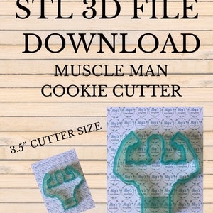 May include: A 3.5 inch STL 3D file download for a muscle man cookie cutter. The image shows a teal blue plastic cookie cutter on a white background with a repeating pattern of the word "Meg's".
