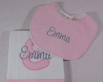 monogrammed bib and burp set pink seersucker / Bib and Burp set Applique