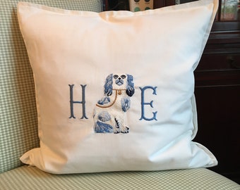 Monogrammed pillow /Staffordshire dogs/monogrammed pillow