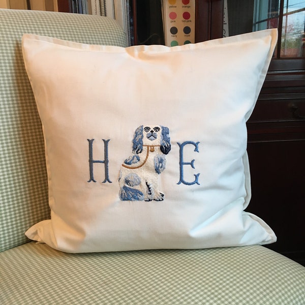 Monogrammed pillow /Staffordshire dogs/monogrammed pillow