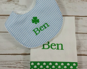 monogrammed bib and burp set shamrock Blue/ Seersucker bib and burp/ Shamrock Bib