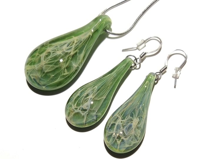 Jade Green Teardrops -Glass Necklace & Earring Set -Perfect Gift -Trending Jewelry -Handmade Glass -Raindrops - Blown Glass