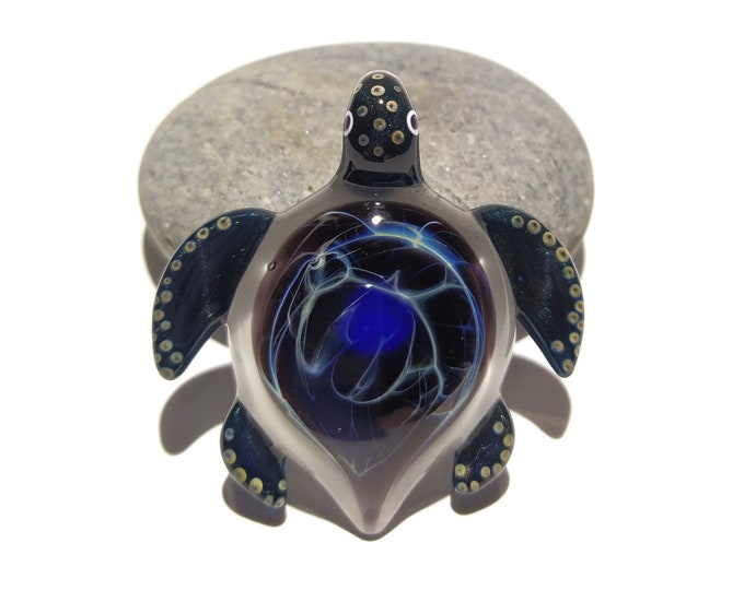 Night Sky Turtle - Glass Pendant - Glass Jewelry - Glass Art - Turtle - Blown Glass - Artist Signed - Details of Pure Silver