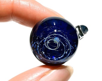Glass Galaxy Pendant, With A Blue Water Opal Planet - Cosmic - Stars - Space Gifts - Universe in Glass Handmade Glasswork - Galaxy Necklace