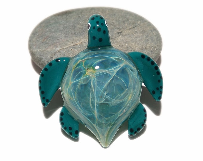 Blue Spirit Turtle Pendant - Glass Pendant - Glass Jewelry - Glass Art - Turtle - Blown Glass - Artist Signed - Details of Pure Silver